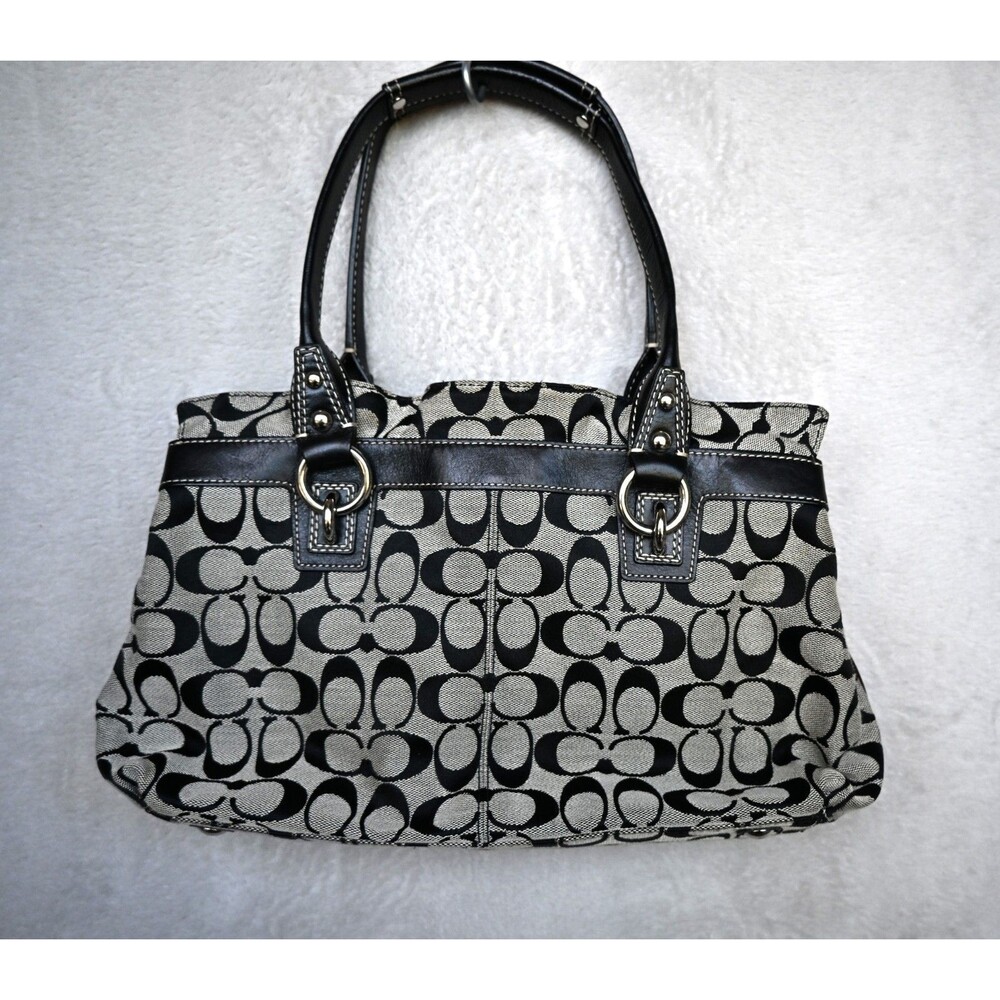Y2K COACH Penelope Signature Carryall Black Gray Jacquard F14696 Leather Trim